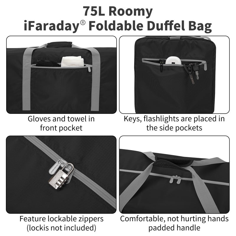 iFARADAY Foldable Duffel Bag 30 inch 75L Large Lightweight Luggage for Travel Camping Storage-Black - Image 2